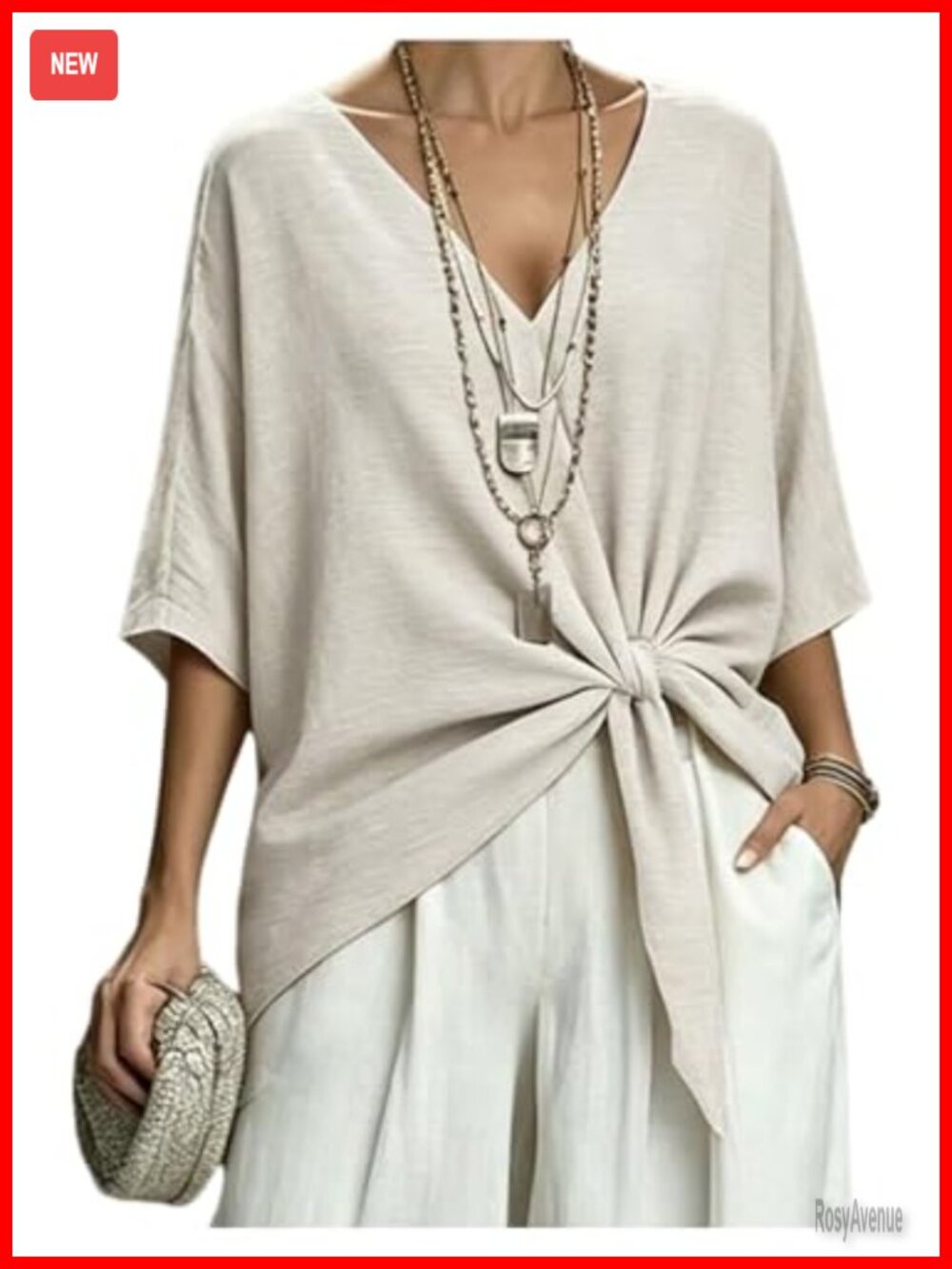 Women's Linen-Like Boho Peasant Blouse Half Sleeve V-Neck Twist Knot Top